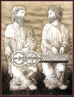 {Músicos con organistrum (catedral de Santiago, s. XII} (1998-99). Augaforte/augatinta sobre plancha de cobre de 32x25 cm. Papel "Creysse France", 57x38 cm. Tirada:50}